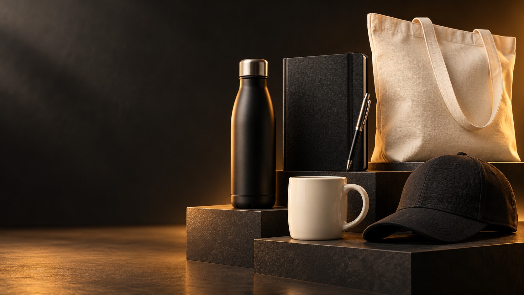 Branded promotional giveaway accessories flat lay